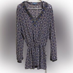 ANTONIO MELANI  L Beaded Neck Geometric Waist Tie Top Semi Sheer